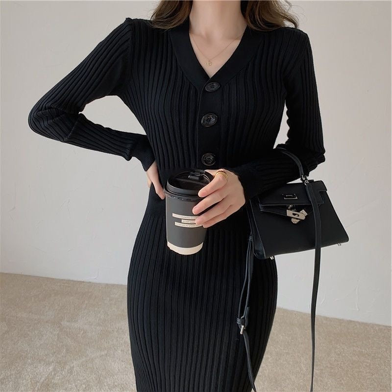 Slim Fit V-Neck Sweater Dress