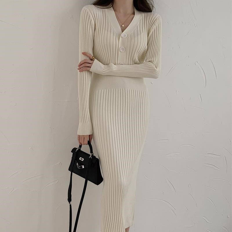 Slim Fit V-Neck Sweater Dress