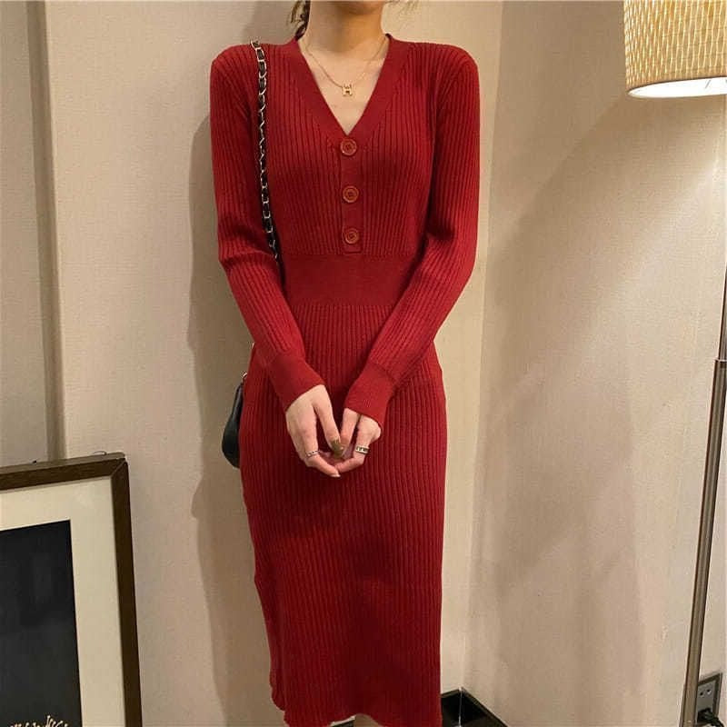 Slim Fit V-Neck Sweater Dress