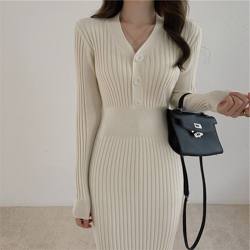 Slim Fit V-Neck Sweater Dress
