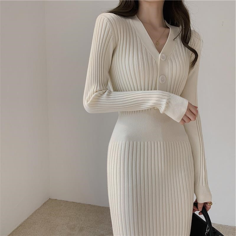 Slim Fit V-Neck Sweater Dress