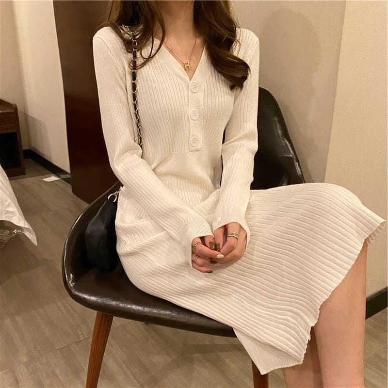 Slim Fit V-Neck Sweater Dress