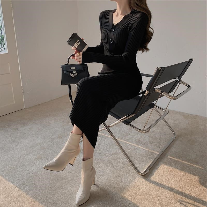 Slim Fit V-Neck Sweater Dress