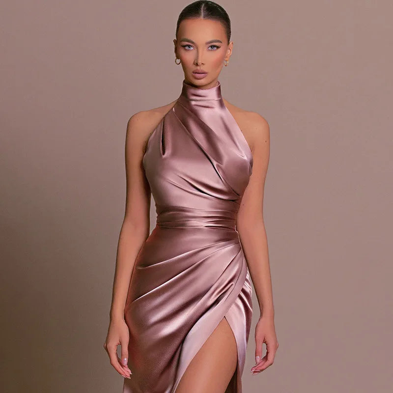 Satin Halter Maxi Dress – High Slit Evening Gown