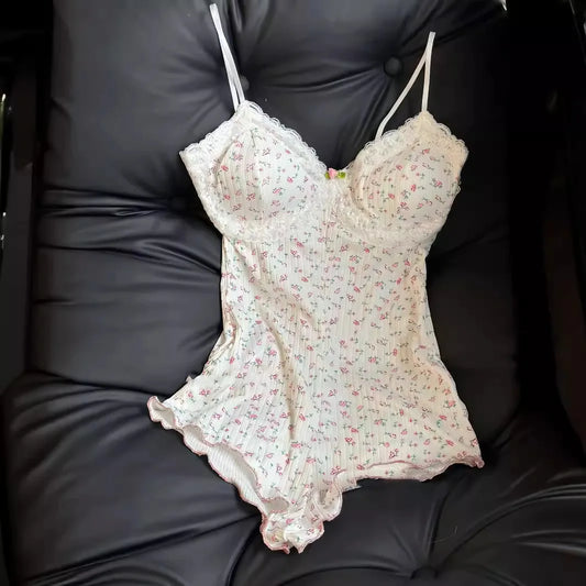 Floral Lace Trim Bodysuit Romper