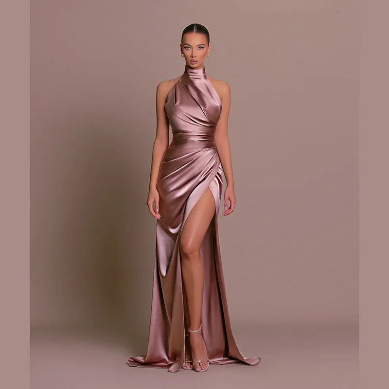 Satin Halter Maxi Dress – High Slit Evening Gown