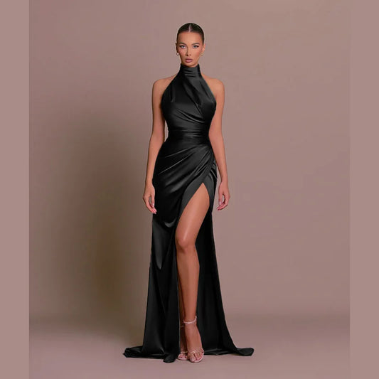 Satin Halter Maxi Dress – High Slit Evening Gown