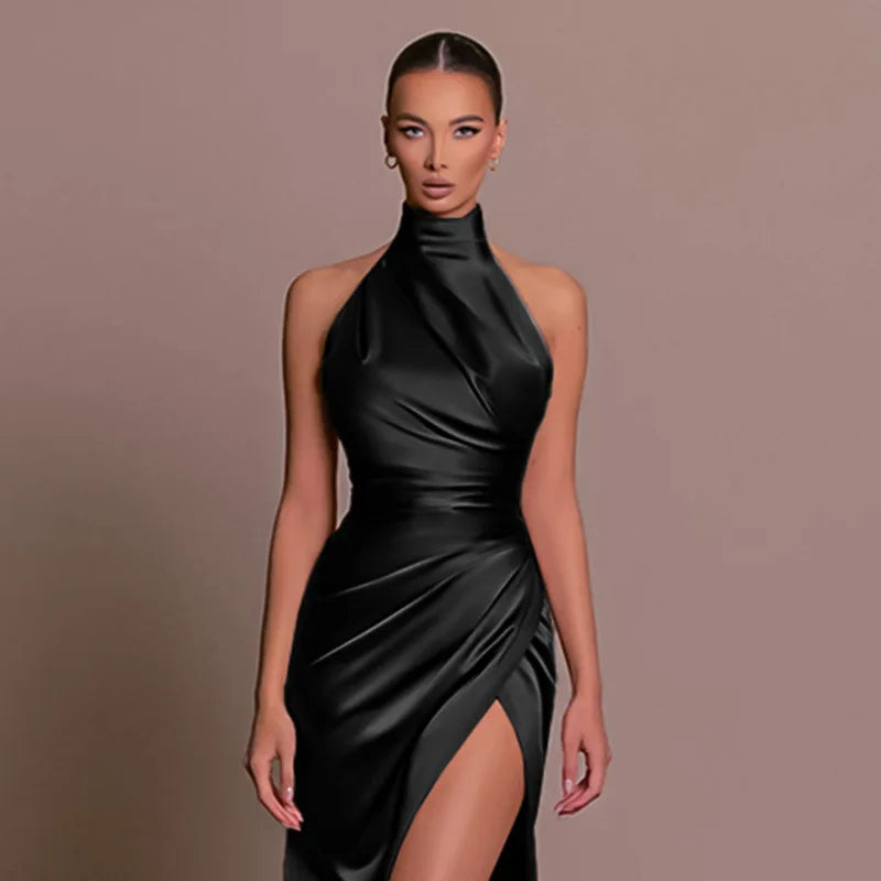 Satin Halter Maxi Dress – High Slit Evening Gown